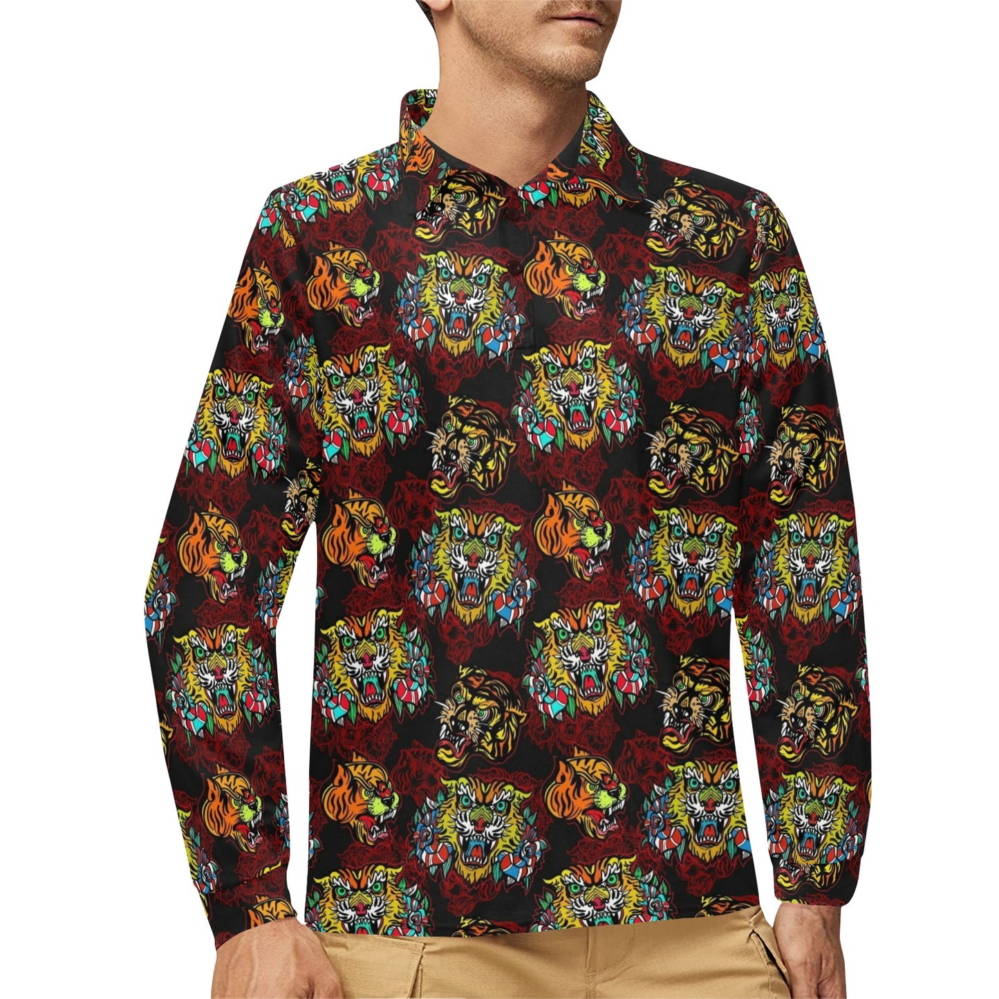 Tattoo Tiger Colorful Design Long Sleeve Polo Shirt For Men's
