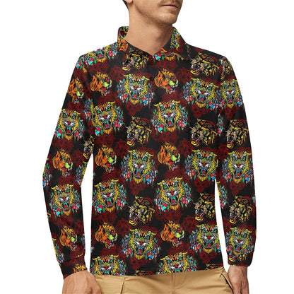 Tattoo Tiger Colorful Design Long Sleeve Polo Shirt For Men's