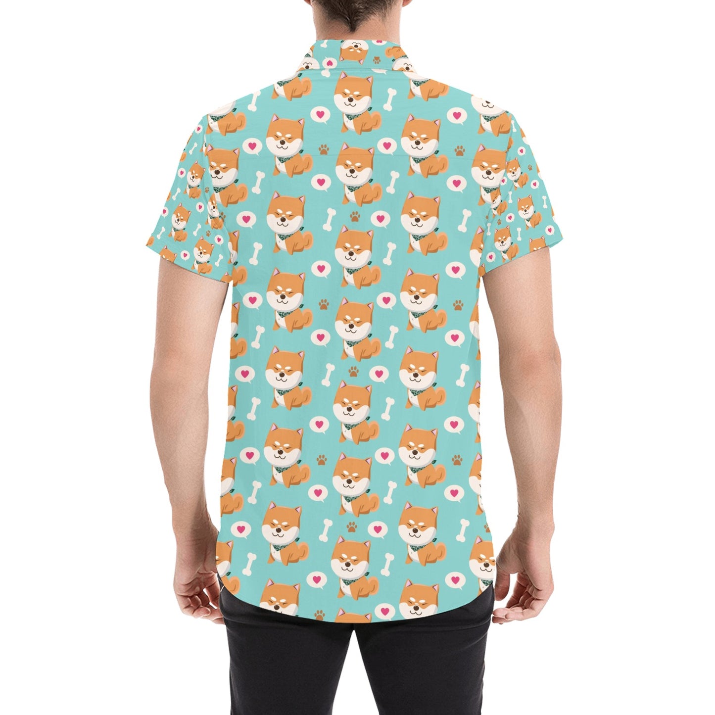 Shiba Inu Print Design LKS3013 Men Short Sleeve Button Up Shirt