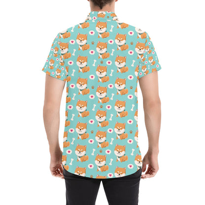 Shiba Inu Print Design LKS3013 Men Short Sleeve Button Up Shirt