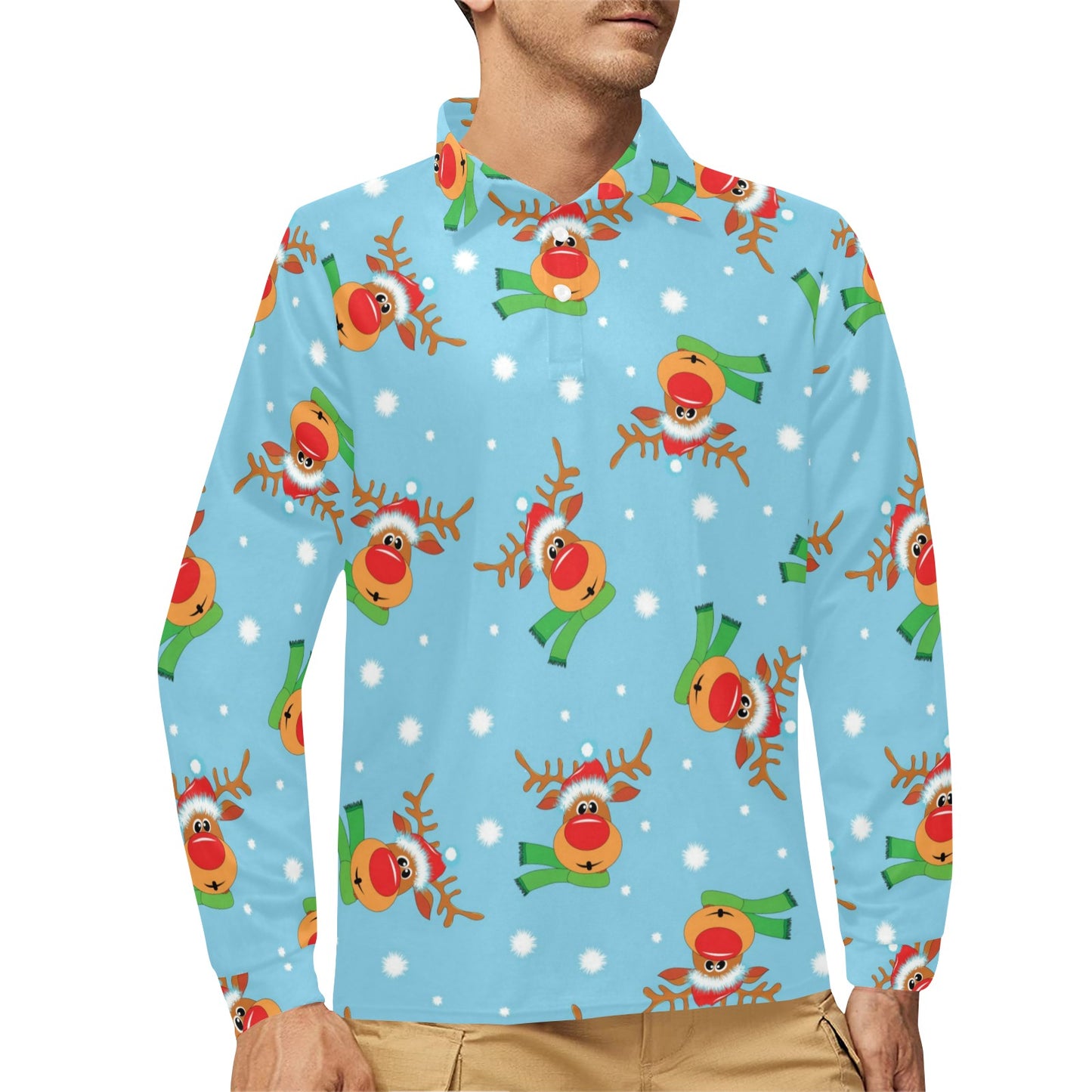 Reindeer cute Pattern Print Design 02 Long Sleeve Polo Shirt For Men's