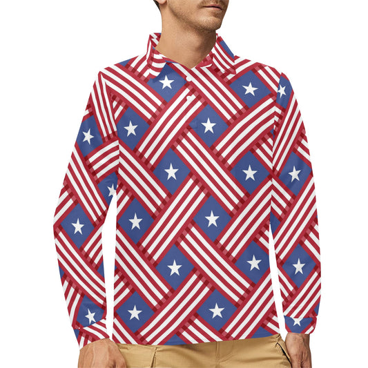 American flag Pattern Long Sleeve Polo Shirt For Men's