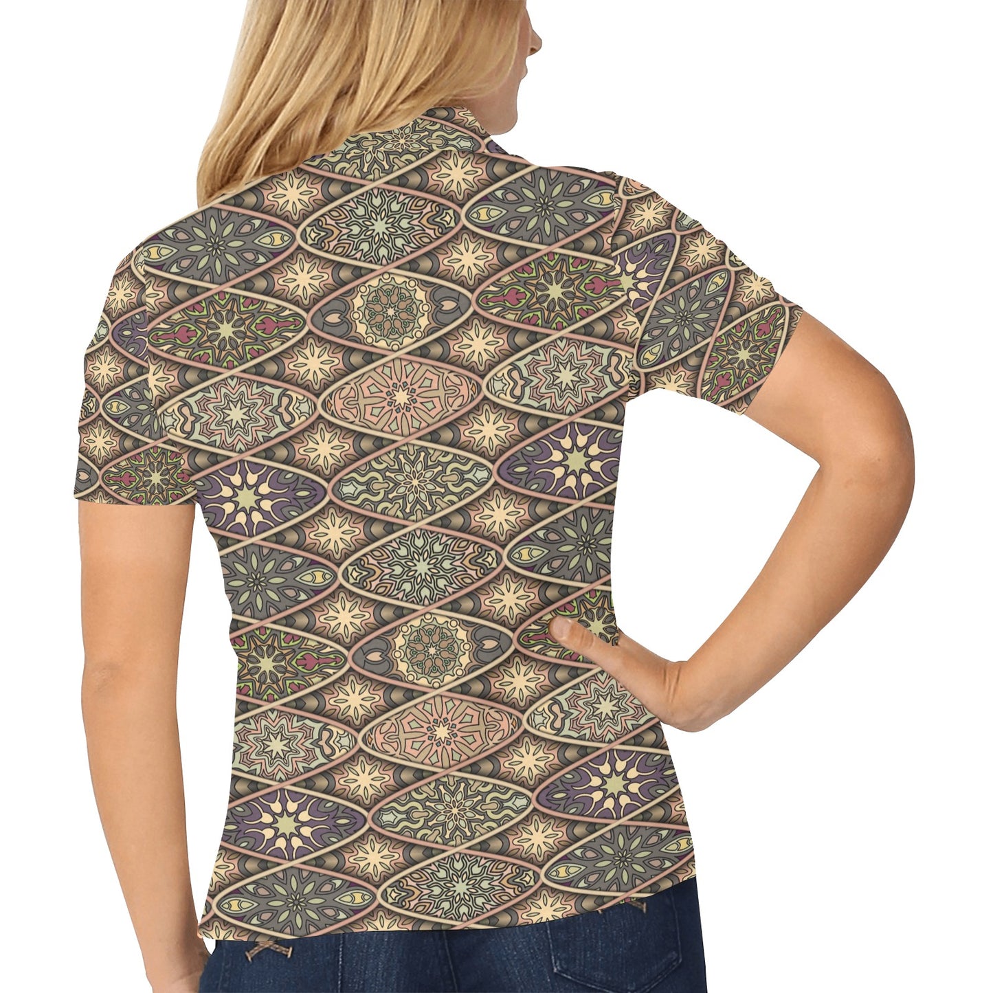 Mandala Motif Themed Design Print Women's Polo Shirt