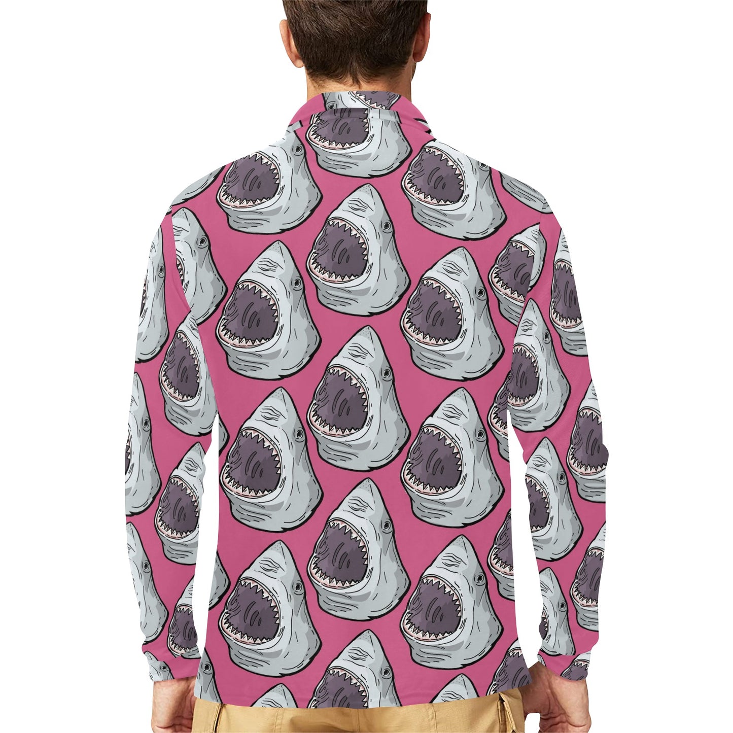 Great White Shark Pattern Print Design 01 Long Sleeve Polo Shirt For Men's