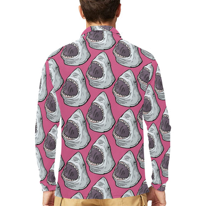 Great White Shark Pattern Print Design 01 Long Sleeve Polo Shirt For Men's