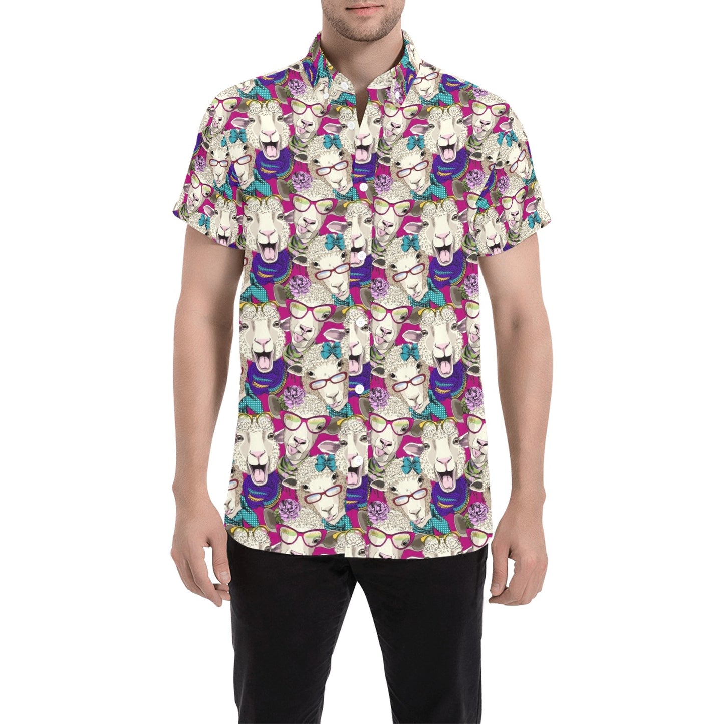Sheep Print Design LKS403 Men Short Sleeve Button Up Shirt