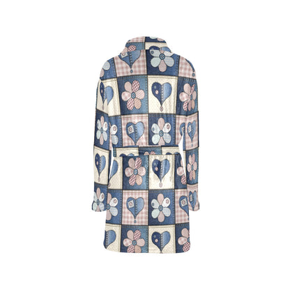 Patchwork Heart Flower Pattern Print Design 01 Women's Fleece Robe