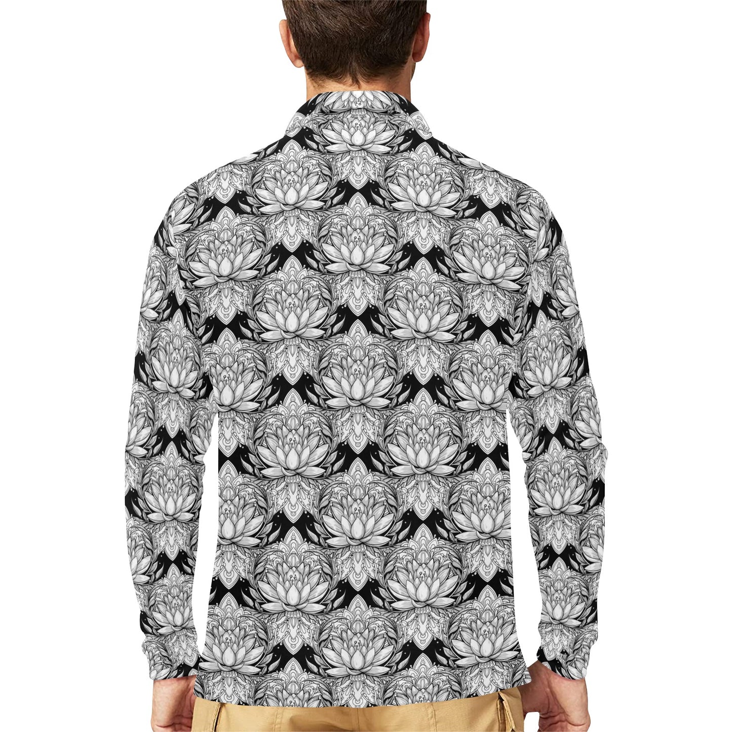 Lotus Mandala Print Pattern Long Sleeve Polo Shirt For Men's