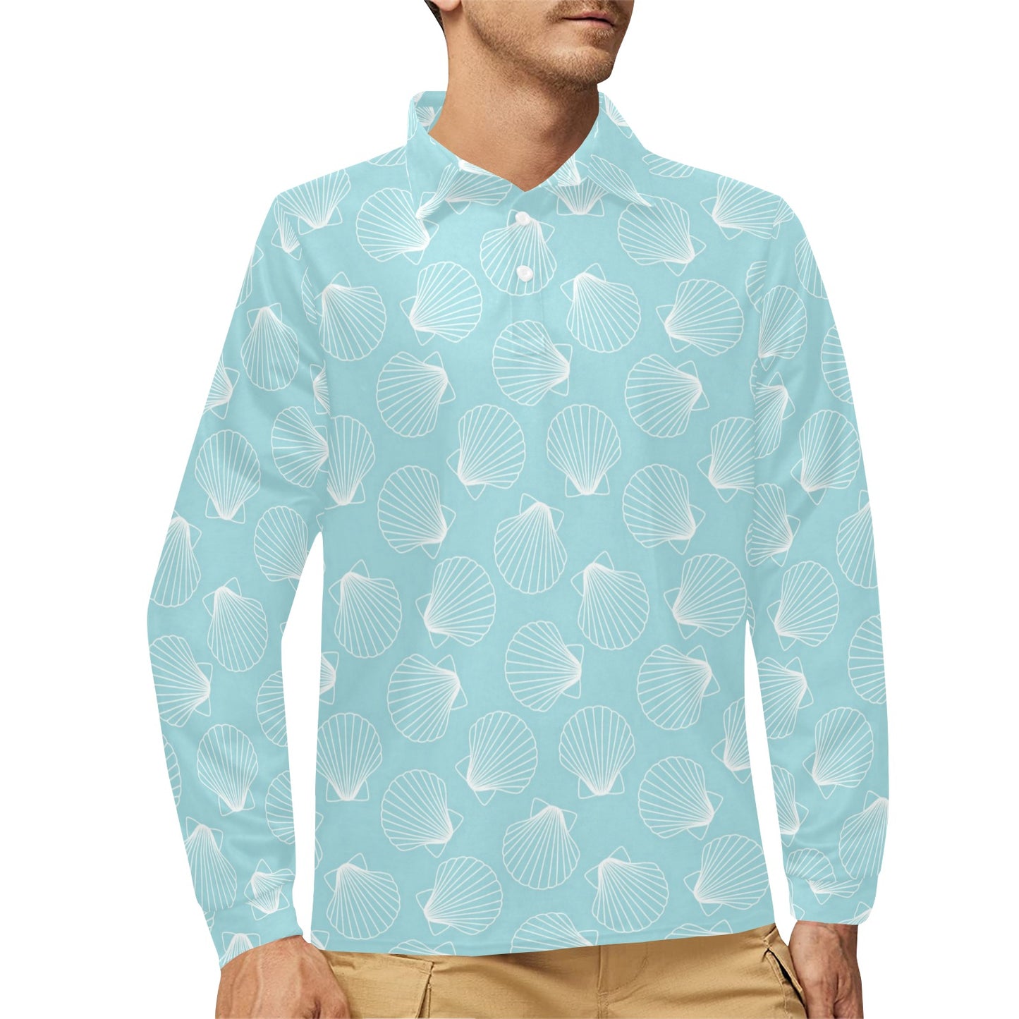 Seashell Print Design LKS3010 Long Sleeve Polo Shirt For Men's