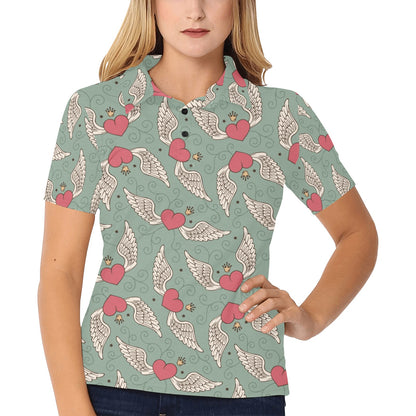 Angel Wings Heart Design Themed Print Women's Polo Shirt