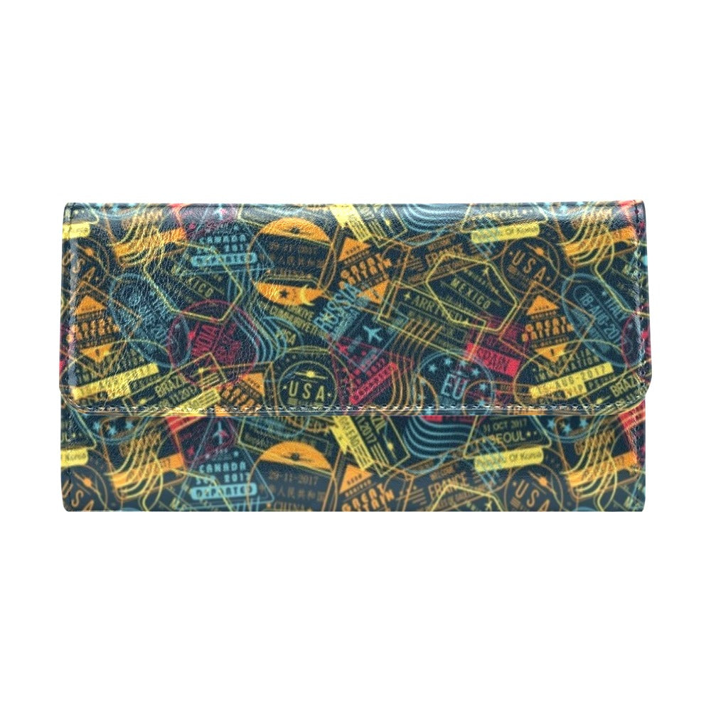 Travel Stamp Colorful Print Design LKS304 Women's Trifold Wallet