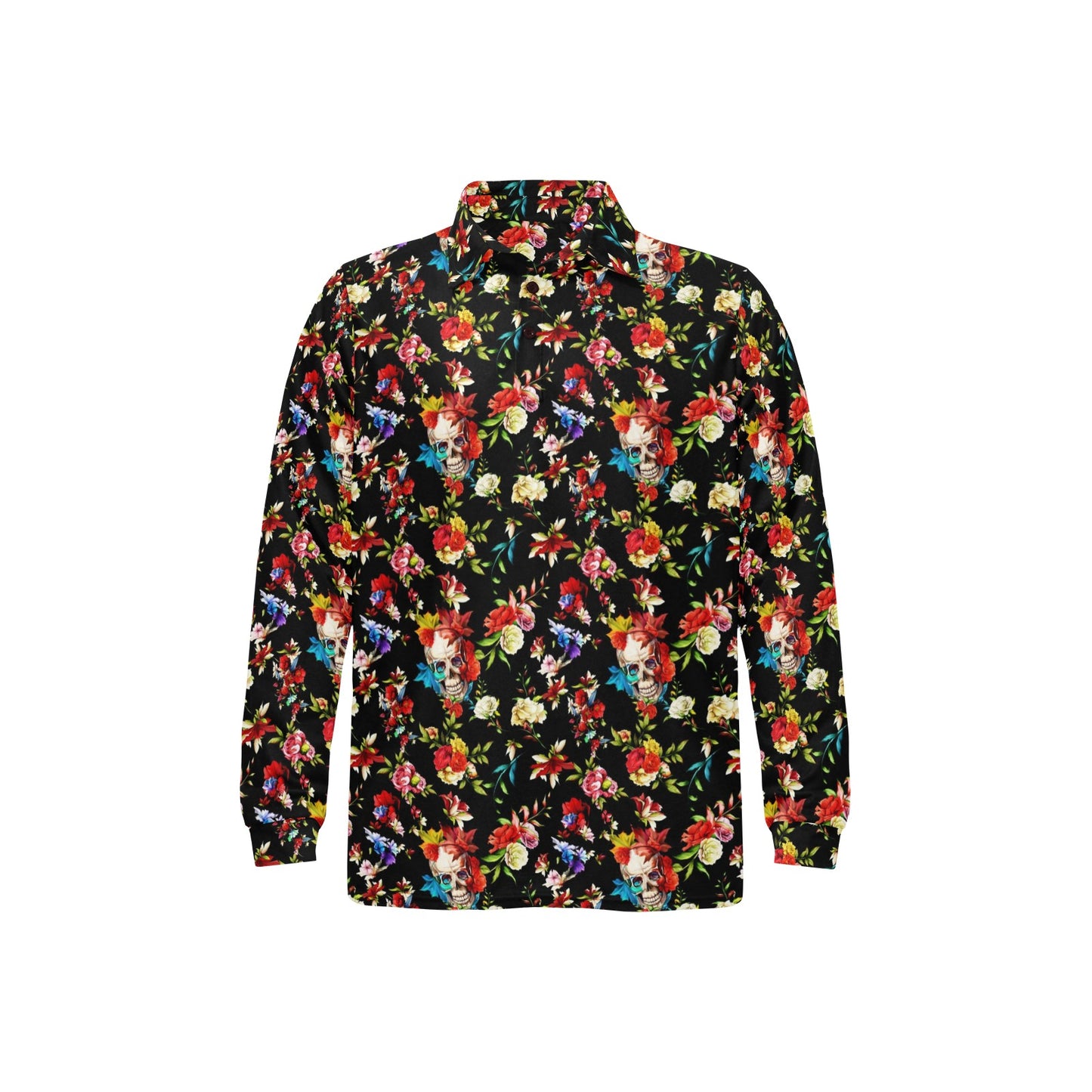 Skull Roses Flower Design Themed Print Long Sleeve Polo Shirt For Men's