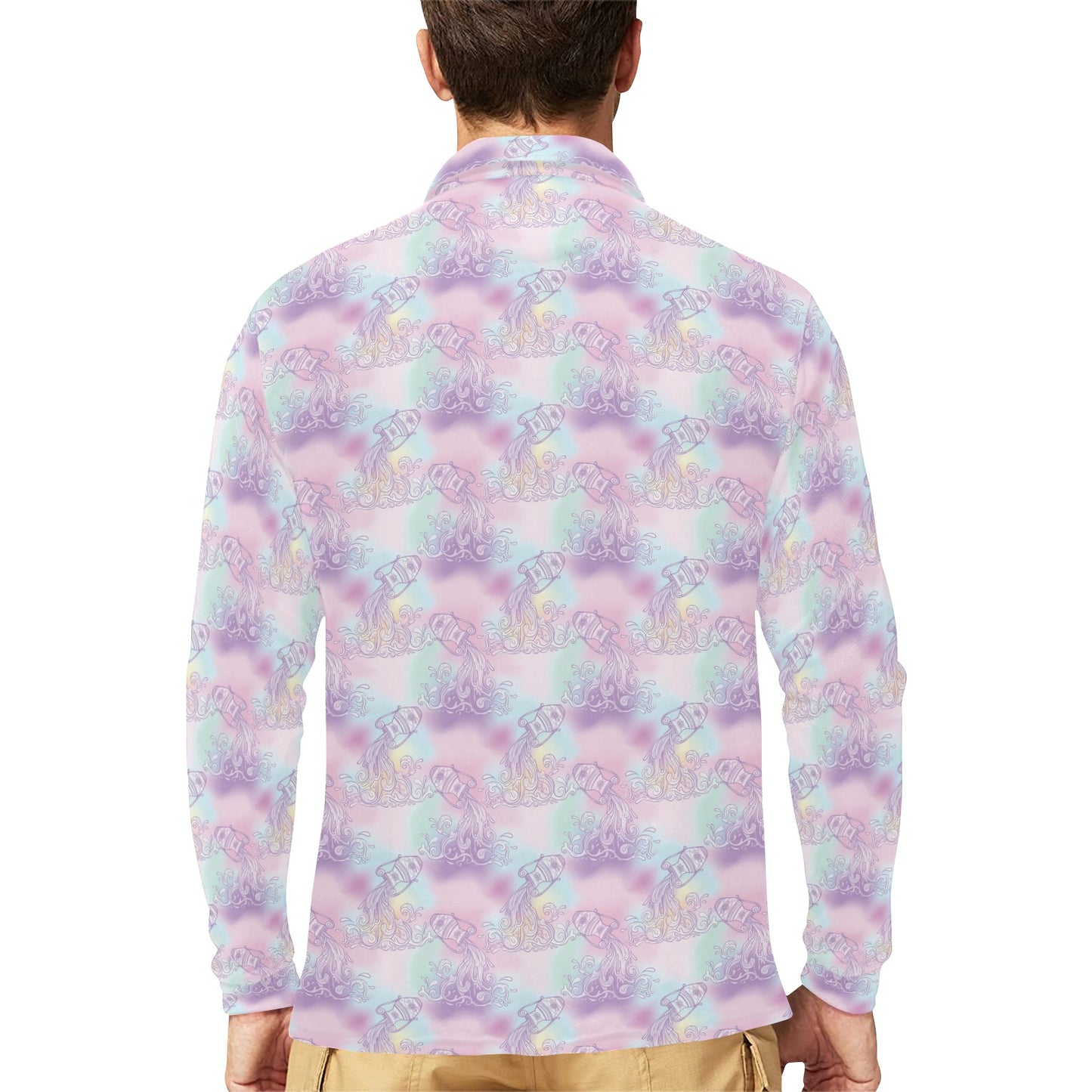 Aquarius Zodiac Pattern Print Design 01 Long Sleeve Polo Shirt For Men's