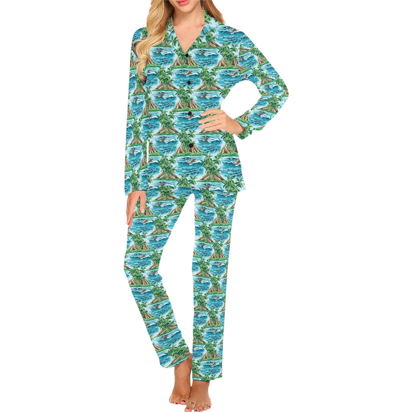 Palm Tree Hawaiian Themed Design Print Women's Long Pajama Set