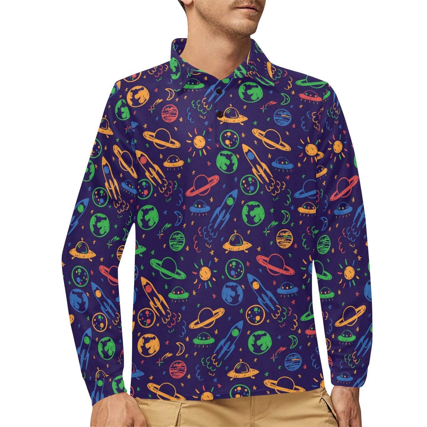 UFO Space Rocket Print Design LKS302 Long Sleeve Polo Shirt For Men's