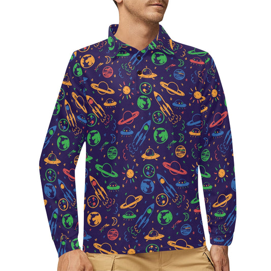 UFO Space Rocket Print Design LKS302 Long Sleeve Polo Shirt For Men's