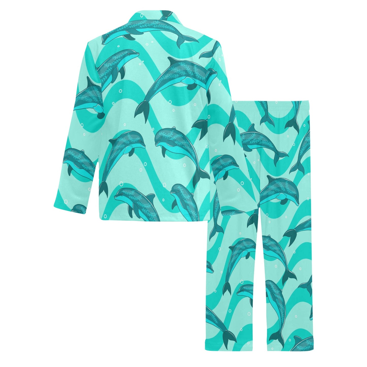 Dolphin Wave Print Men's Long Pajama Set