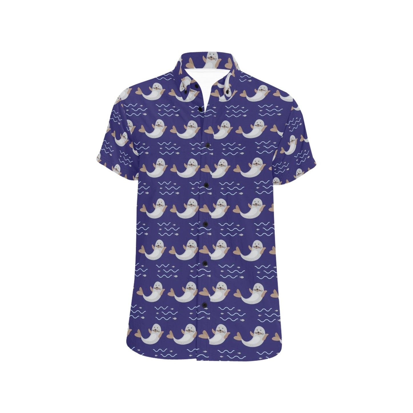 Sea Lion Print Design LKS404 Men Short Sleeve Button Up Shirt
