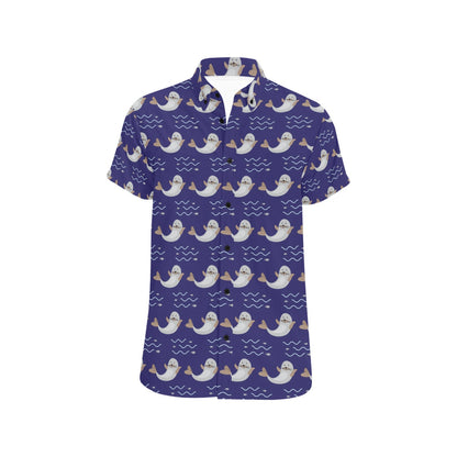 Sea Lion Print Design LKS404 Men Short Sleeve Button Up Shirt