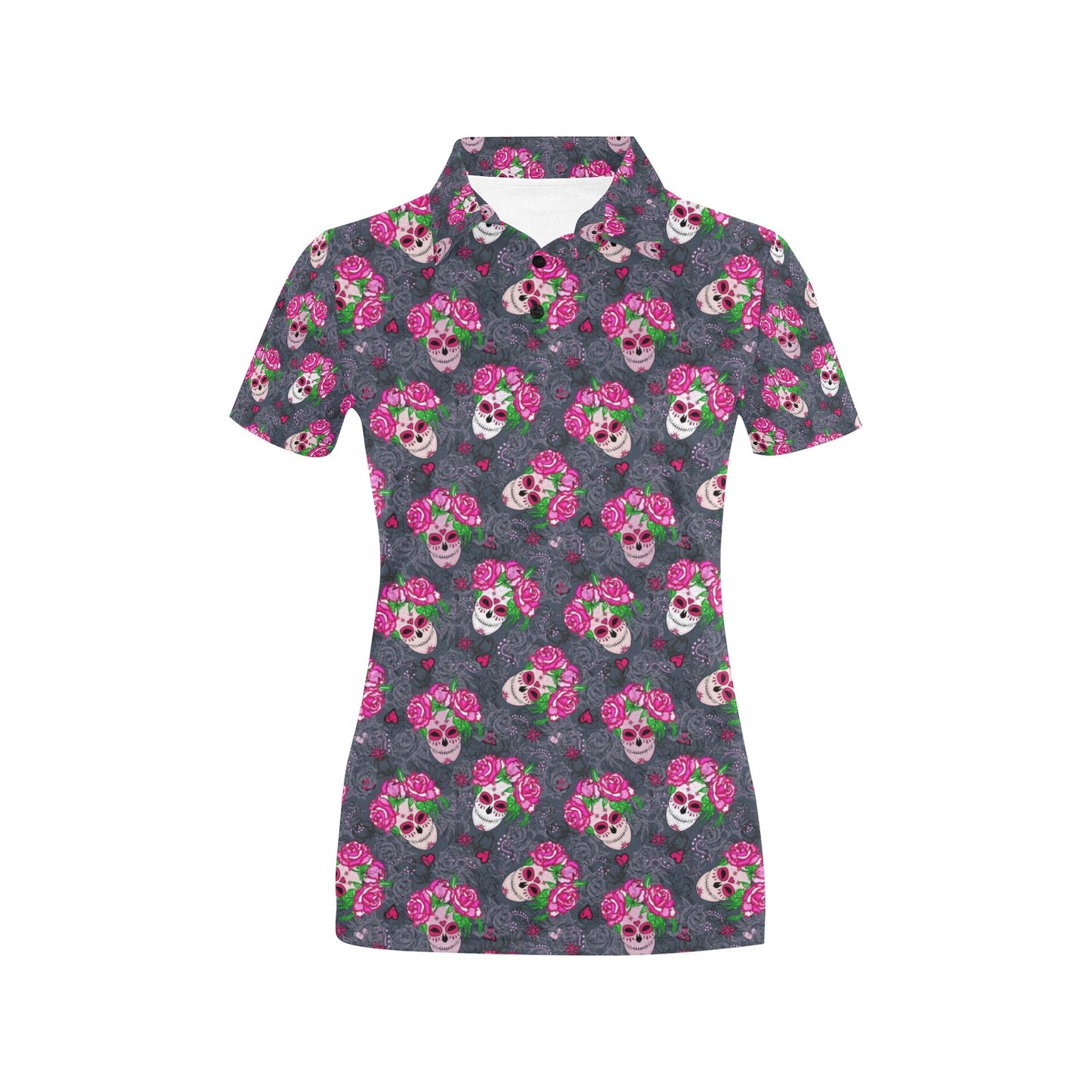 Sugar Skull Pink Rose Themed Print Women's Polo Shirt
