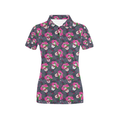 Sugar Skull Pink Rose Themed Print Women's Polo Shirt