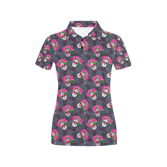 Sugar Skull Pink Rose Themed Print Women's Polo Shirt