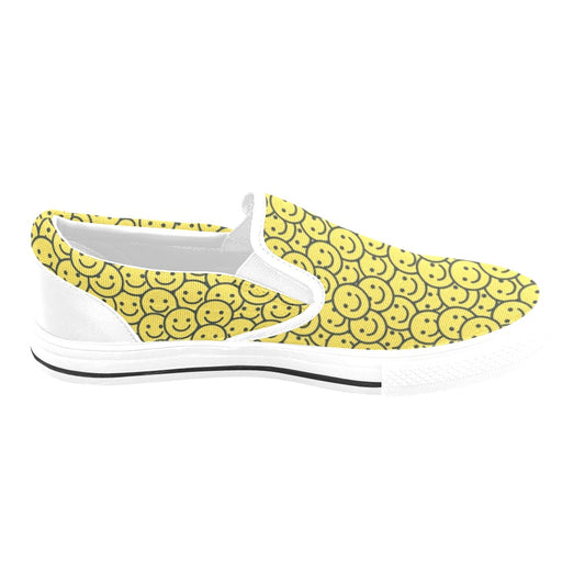 Smiley Face Emoji Print Design LKS302 White Slip Ons Canvas Women's Shoes