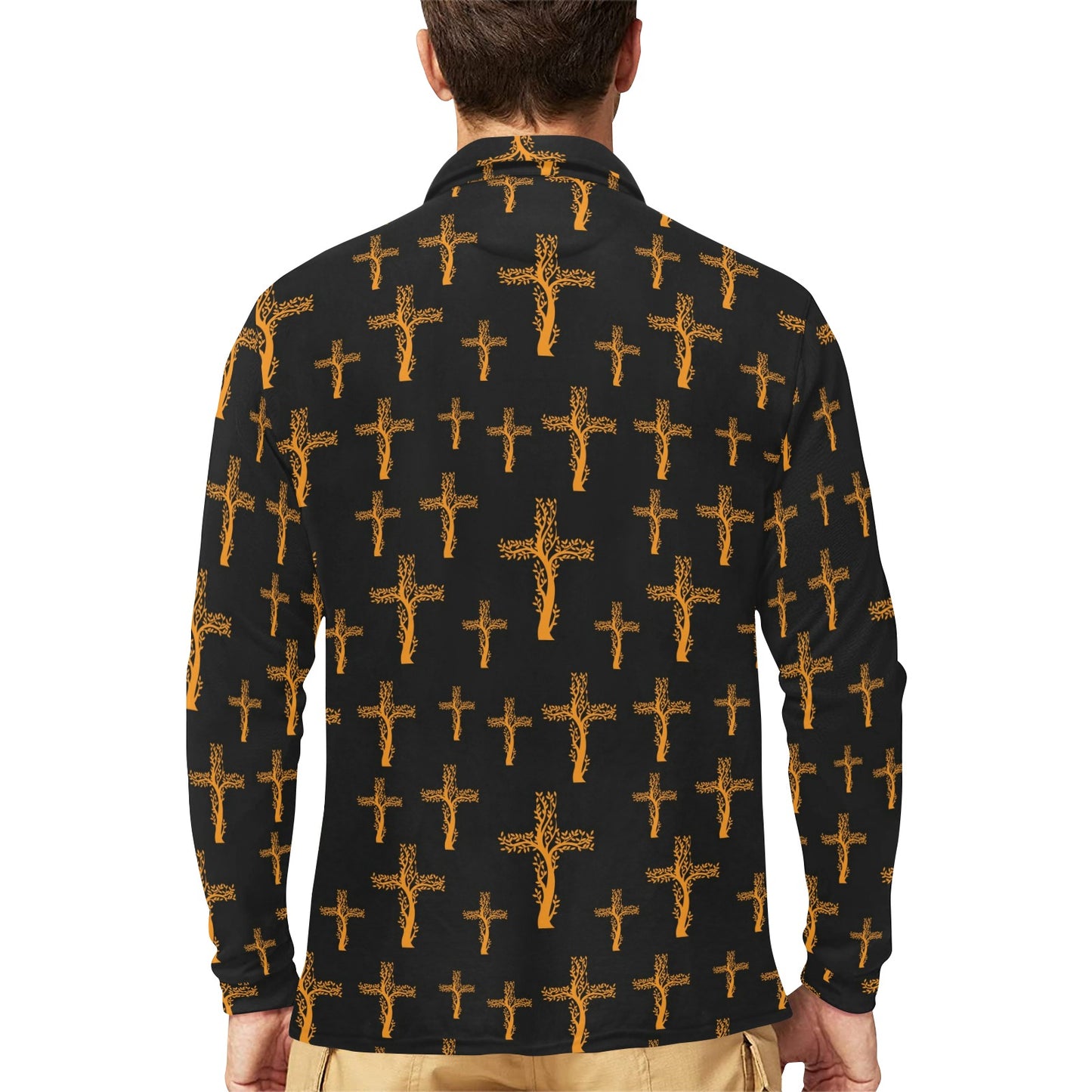 Christian Tree of Life Cross Design Long Sleeve Polo Shirt For Men's