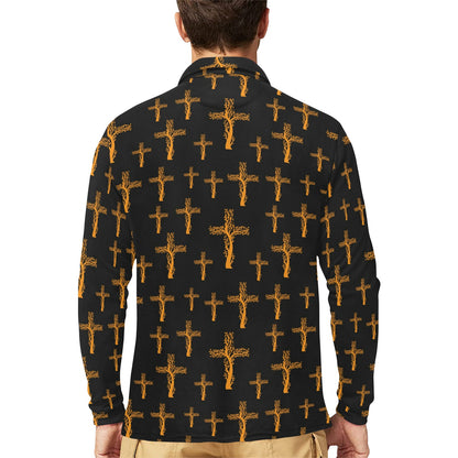 Christian Tree of Life Cross Design Long Sleeve Polo Shirt For Men's
