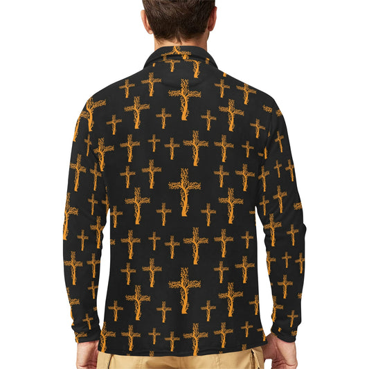Christian Tree of Life Cross Design Long Sleeve Polo Shirt For Men's
