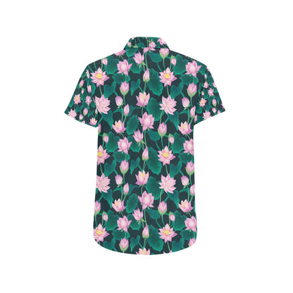 Water Lily Print Design LKS302 Men Short Sleeve Button Up Shirt