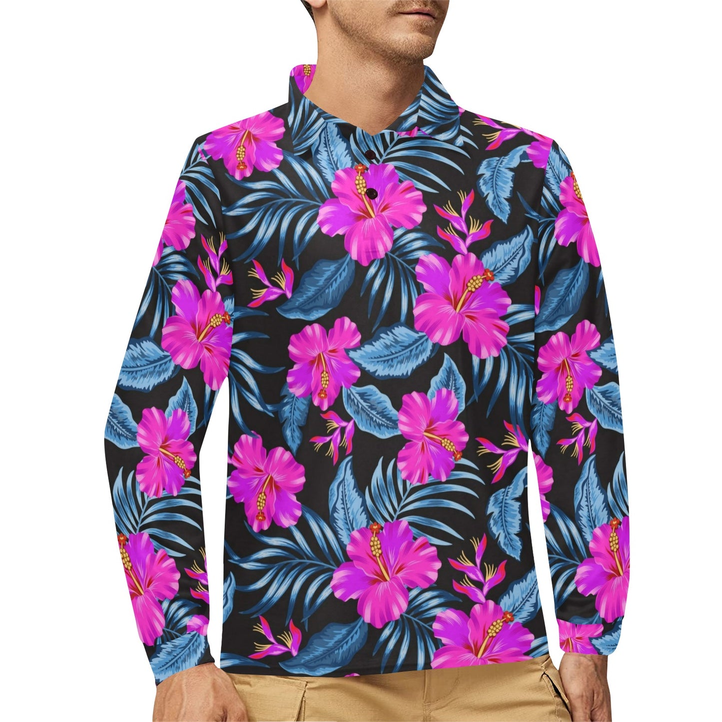 Neon Pink Hibiscus Pattern Print Design HB015 Long Sleeve Polo Shirt For Men's