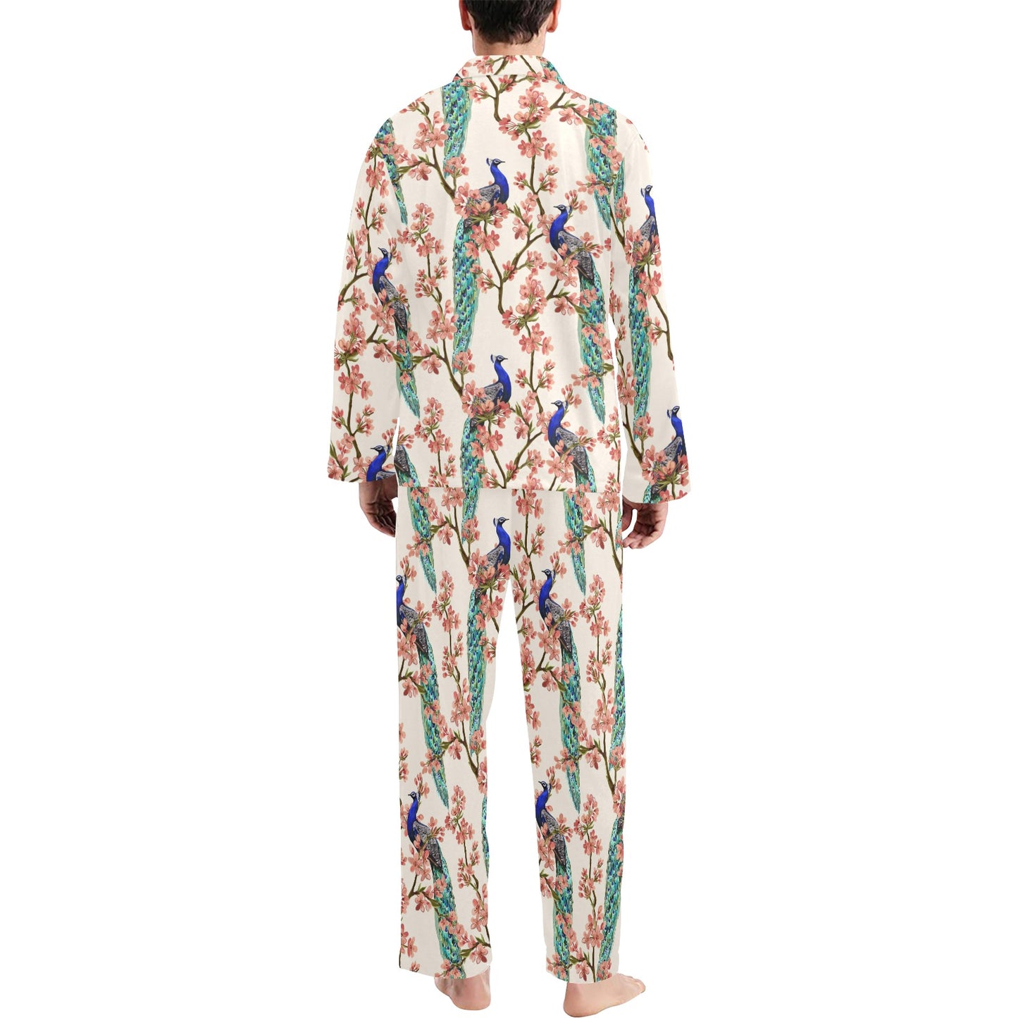 Cherry Blossom Peacock Men's Long Pajama Set