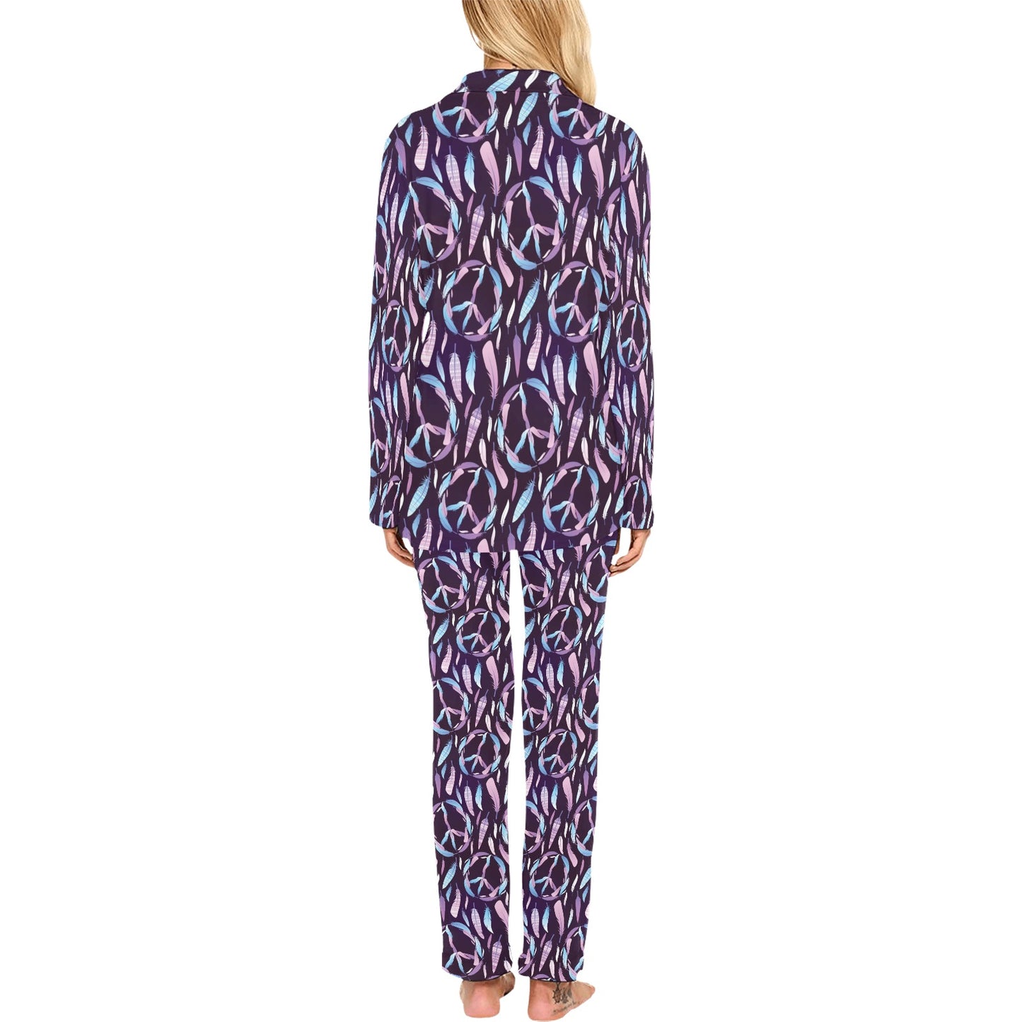 Peace Sign Feather Design Print Women's Long Pajama Set