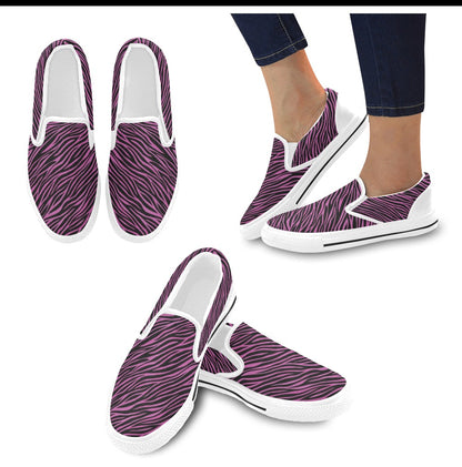 Zebra Pink Print Design LKS304 White Slip Ons Canvas Women's Shoes