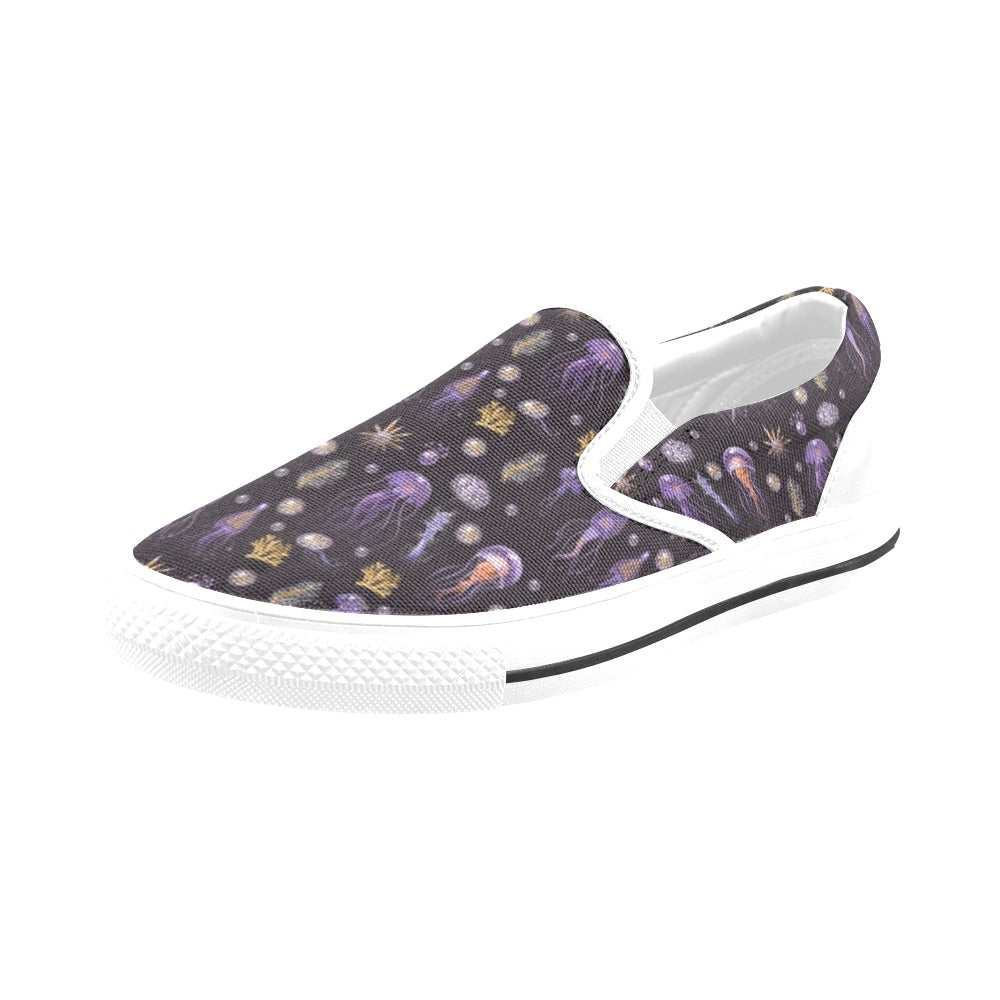 Seaweed With Jelly Fish Print Design LKS305 White Slip Ons Canvas Women's Shoes
