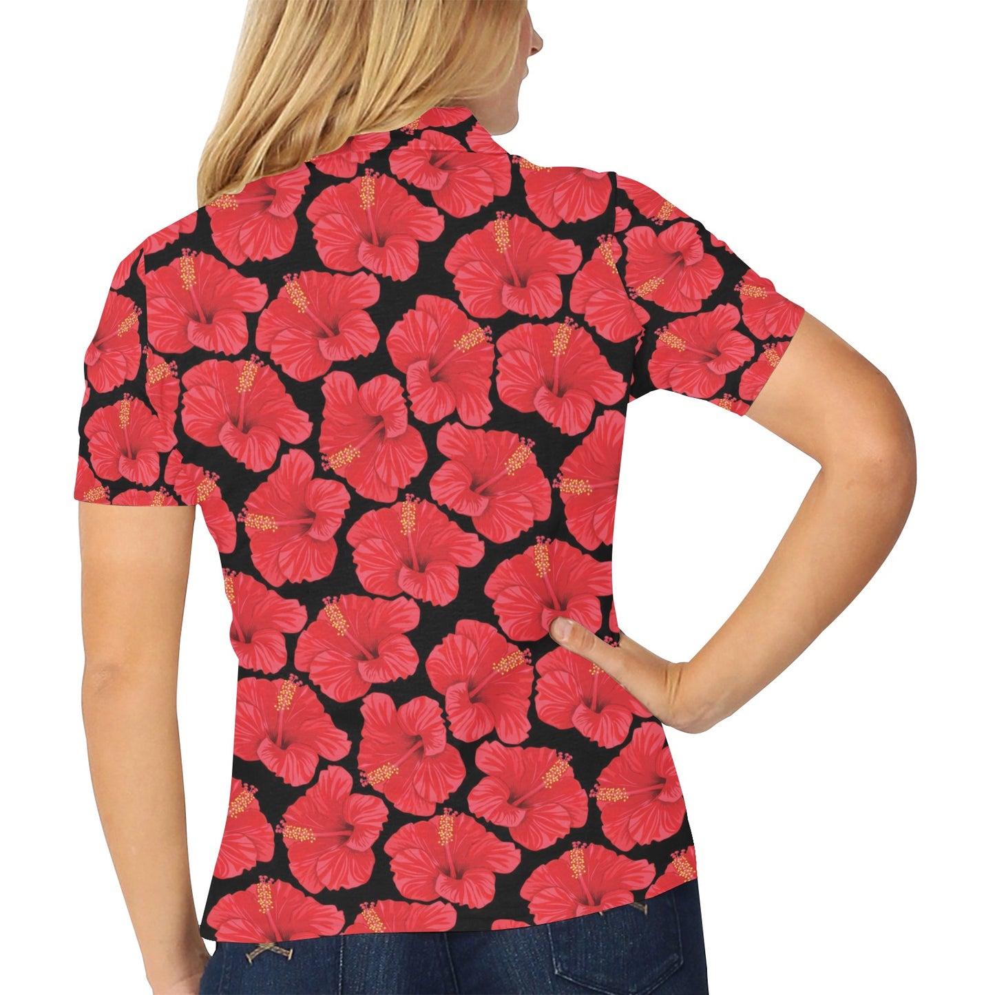Hibiscus Red Pattern Print Design LKS306 Women's Polo Shirt