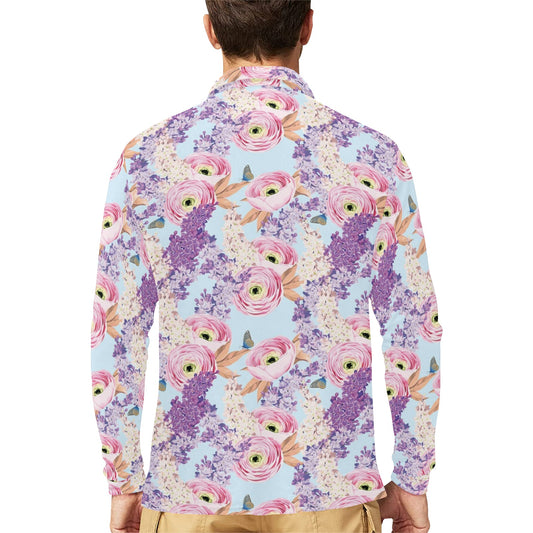 Lilac Pattern Print Design LI03 Long Sleeve Polo Shirt For Men's