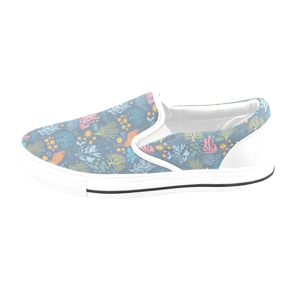 Seaweed Print Design LKS304 White Slip Ons Canvas Women's Shoes