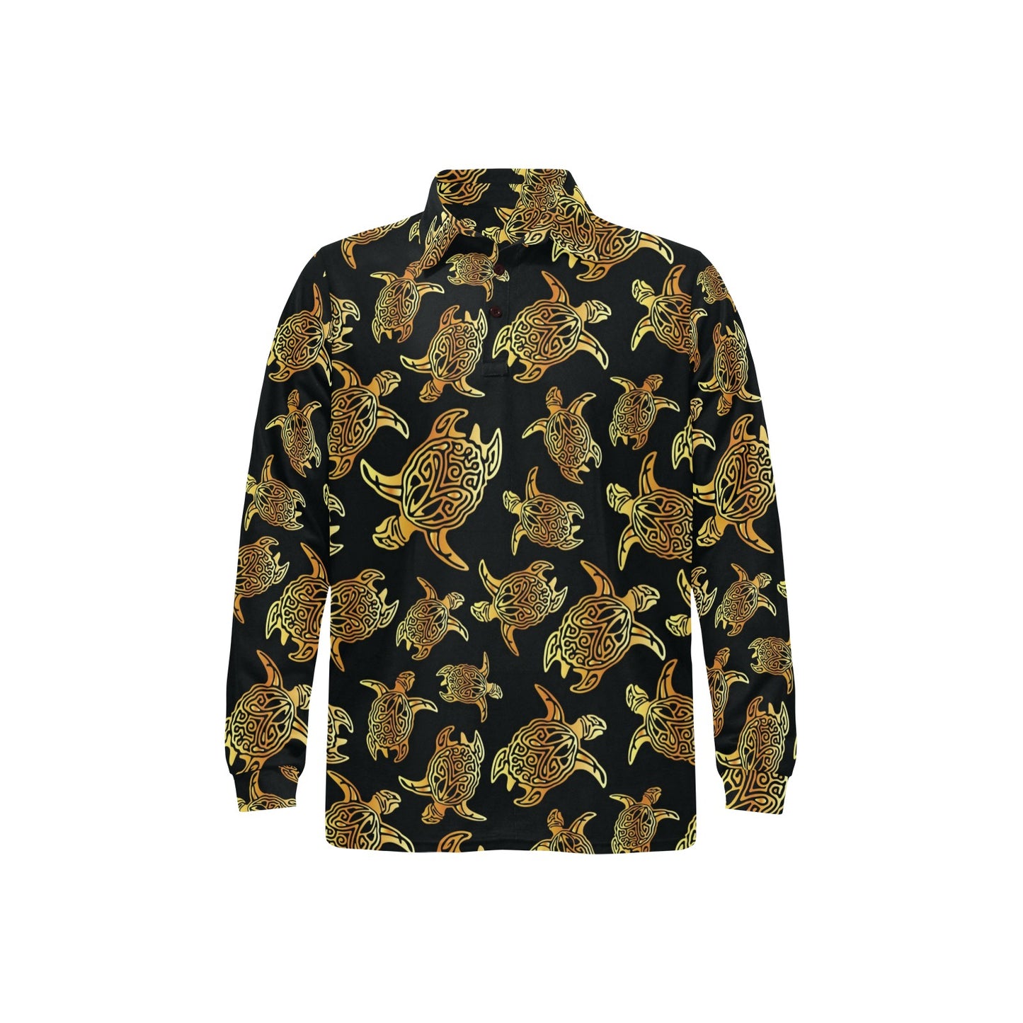 Gold Tribal Turtle Polynesian Themed Long Sleeve Polo Shirt For Men's