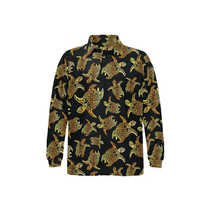 Gold Tribal Turtle Polynesian Themed Long Sleeve Polo Shirt For Men's