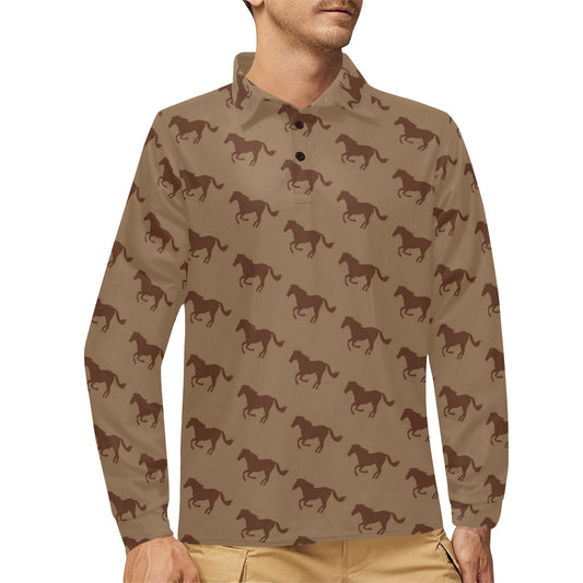 Horse Brown Print Design LKS307 Long Sleeve Polo Shirt For Men's