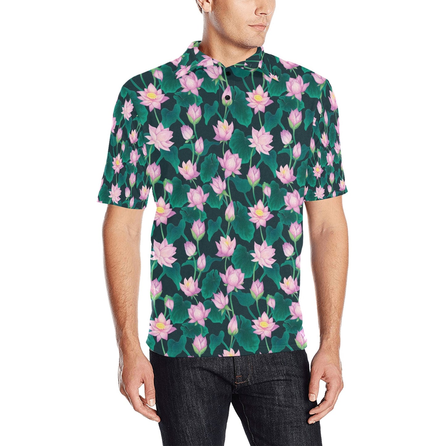 Water Lily Print Design LKS302 Men Polo Shirt