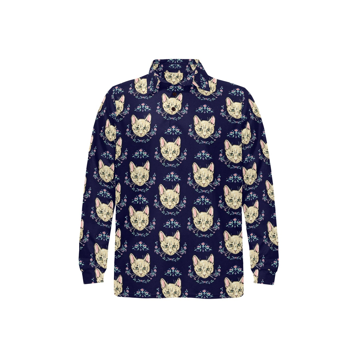 Cat Head with flower Print Pattern Long Sleeve Polo Shirt For Men's