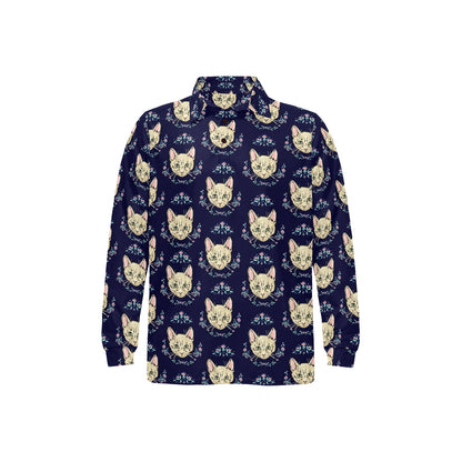 Cat Head with flower Print Pattern Long Sleeve Polo Shirt For Men's
