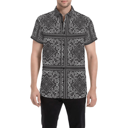 Bandana Black White Print Design LKS302 Men Short Sleeve Button Up Shirt