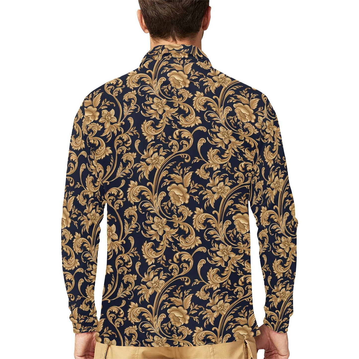 Baroque Golden Pattern Print Design 03 Long Sleeve Polo Shirt For Men's