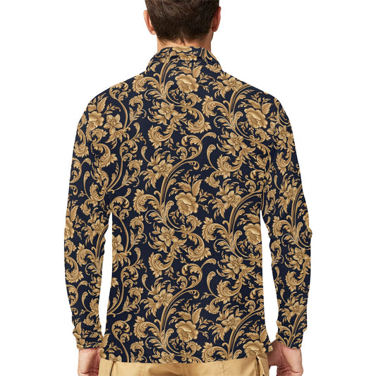 Baroque Golden Pattern Print Design 03 Long Sleeve Polo Shirt For Men's