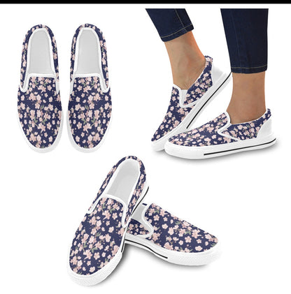 Sakura Print Design LKS301 White Slip Ons Canvas Women's Shoes
