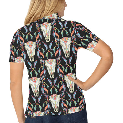 Buffalo Head Boho Style Pattern Print Design 01 Women's Polo Shirt